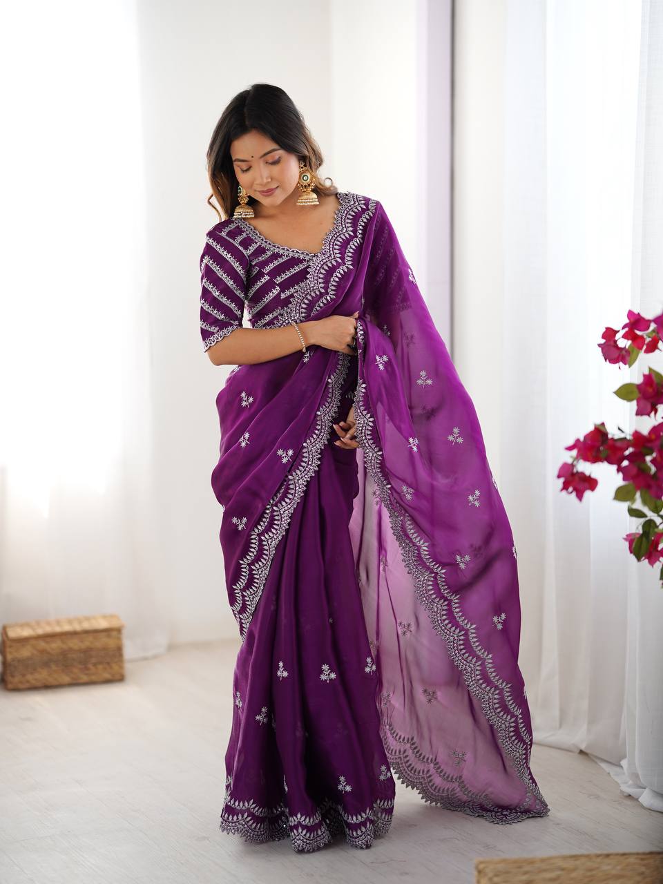 Women's Elegant Regal Purple Georgette Saree with Intricate Silver Thread & Sequin Embroidery β Complete with Embellished Blouse Piece for Festive & Party Wear - Image 9