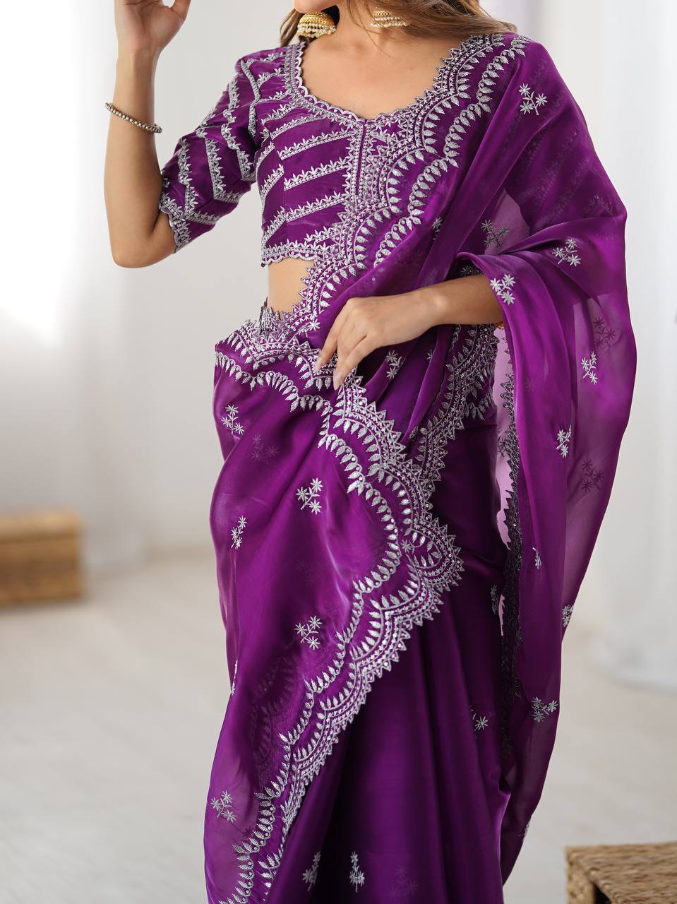 Women's Elegant Regal Purple Georgette Saree with Intricate Silver Thread & Sequin Embroidery β Complete with Embellished Blouse Piece for Festive & Party Wear - Image 8